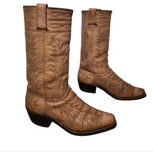 Vintage Cream Beige Leather Stitched Stovepipe Cowboy Western Boots Men's 10M